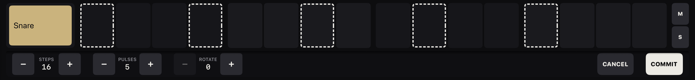 The generator open on the Snare track: five dashed ghost steps spread over the 16 steps of the row, and a bar with the STEPS, PULSES and ROTATE steppers reading 16, 5 and 0, and the CANCEL and COMMIT keys