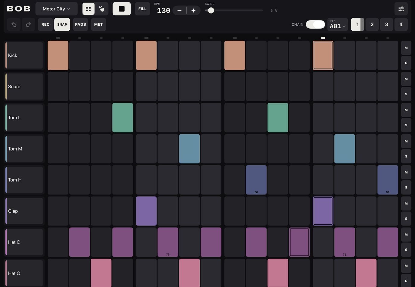 Bob in EDIT on an iPad in landscape: the transport bar, the step grid with the Motor City demo playing, the voice strip and the mute and solo keys