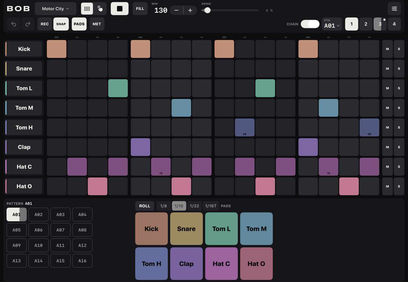 The pads drawer open under the grid: the pattern bank on the left, the ROLL key with its rates, and the eight coloured pads