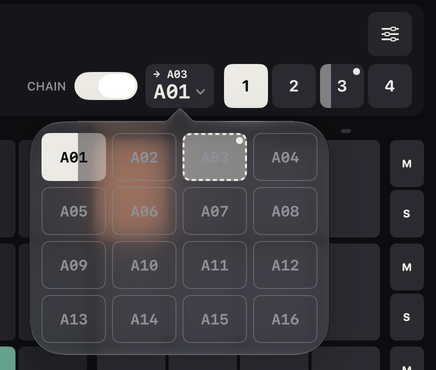 The pattern bank popover open under the PTN key while playing: A01 is highlighted as the current pattern, A03 has a dashed outline as the queued one, and the PTN key reads an arrow and A03 above A01; the page key 3 carries a small dot