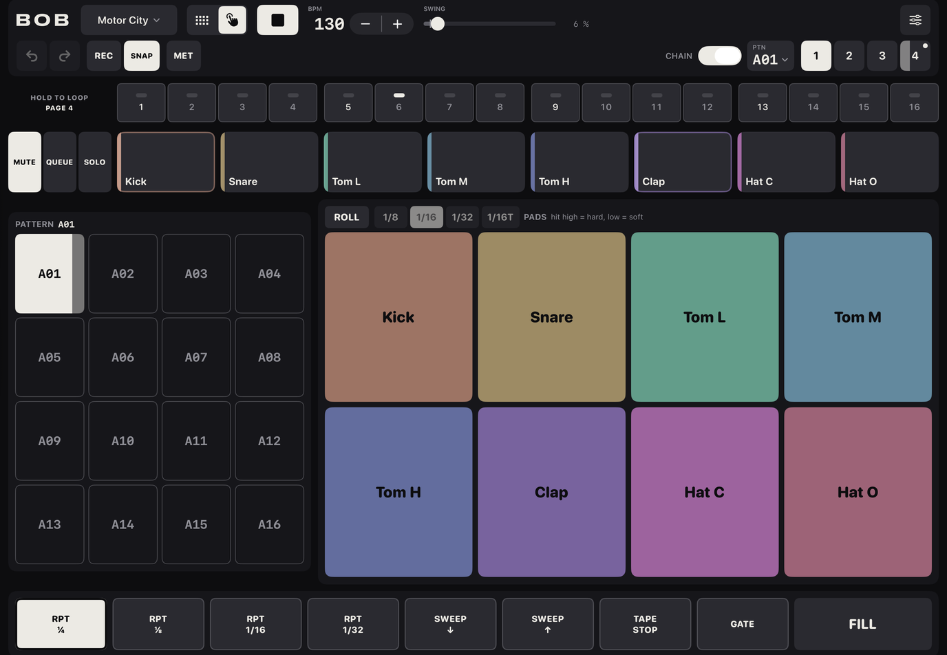PERFORM: the page loop keys, the mute, queue and solo track row, the pattern bank, the large pads and the effect keys along the bottom with RPT quarter held