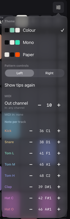 The Settings popover: Theme with Colour ticked, Mono and Paper; Pattern controls Left or Right; Show tips again; MIDI with Out channel 10, MIDI in: none and a note per track list from Kick 36 C1 to Hat O 46 A#1