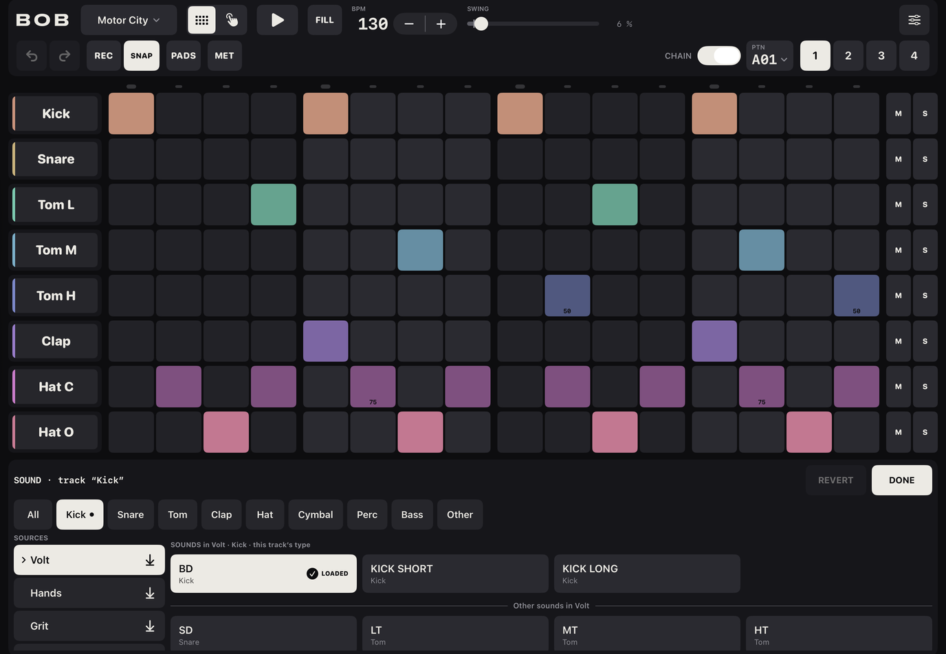 The sound browser in the drawer for the Kick track: type filters along the top, the kit sources on the left, and the Volt kicks with BD marked Loaded