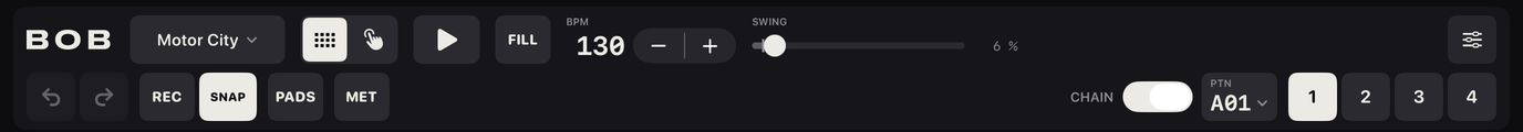 The transport bar in EDIT: row 1 has the BOB wordmark, the project name, the EDIT/PERFORM switch, play, FILL, BPM with its stepper, SWING and the Settings icon; row 2 has undo, redo, REC, SNAP, PADS, MET, CHAIN, the pattern readout and the page keys 1 to 4