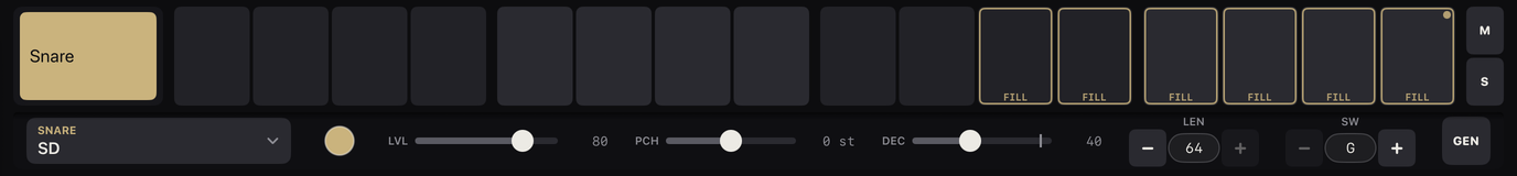 The Snare row highlighted with the voice strip open under it: the sound menu SD, a colour swatch, the LVL, PCH and DEC faders reading 80, 0 st and 40, the LEN stepper at 64, the SW stepper at G and the GEN key